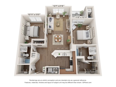 Floor plan for 2 beds, 2 baths, 1008 sqft